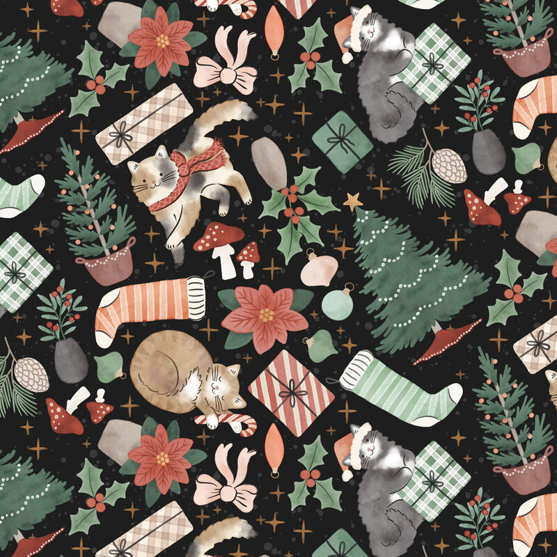 Black fabric with a packed, tossed design of cats and soft Christmas motifs like poinsettias, Christmas trees, stockings, ornaments, and more.