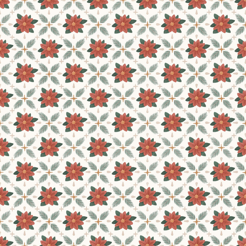 White fabric with a biased grid of poinsettia blooms, tan stars, and pine sprigs.