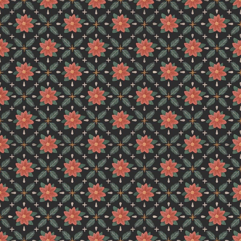 Black fabric with a biased grid of poinsettia blooms, tan stars, and pine sprigs.