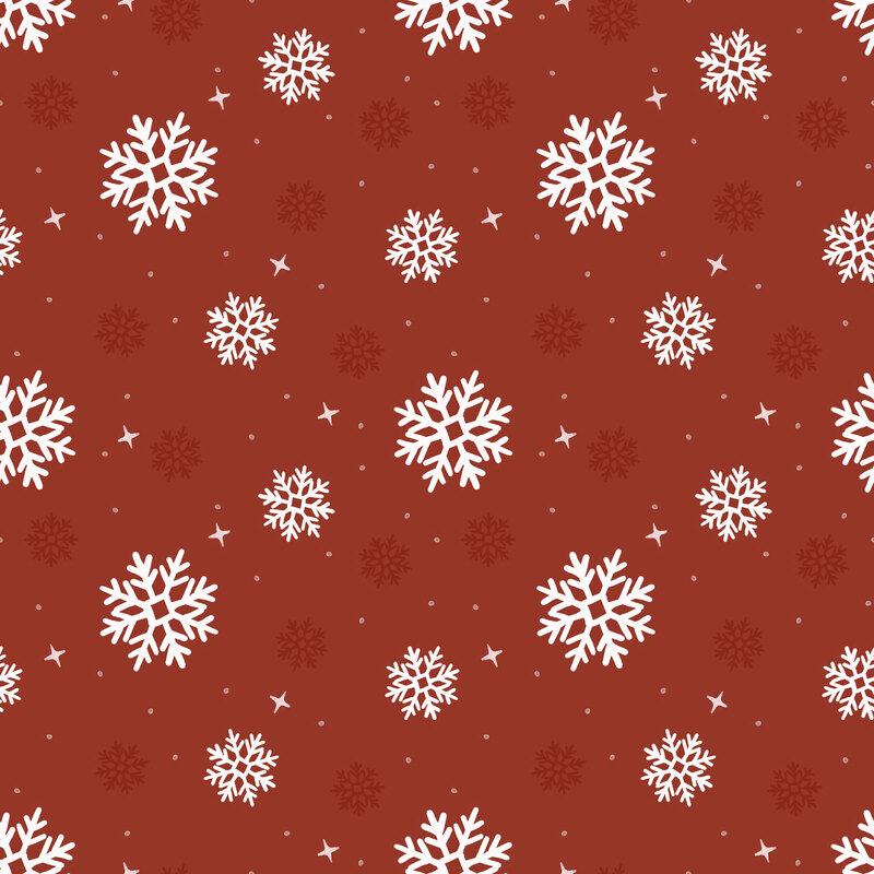 Terra cotta red fabric with a scattered pattern of small white dots, stars, and red and white snowflakes.
