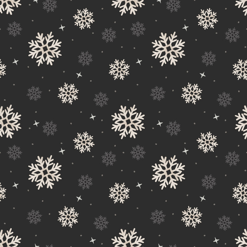 Black fabric with a scattered pattern of small gray dots, stars, and gray and white snowflakes.