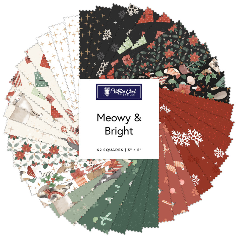Digital collage of the 5" Square Bundle from the Meowy & Bright fabric collection.