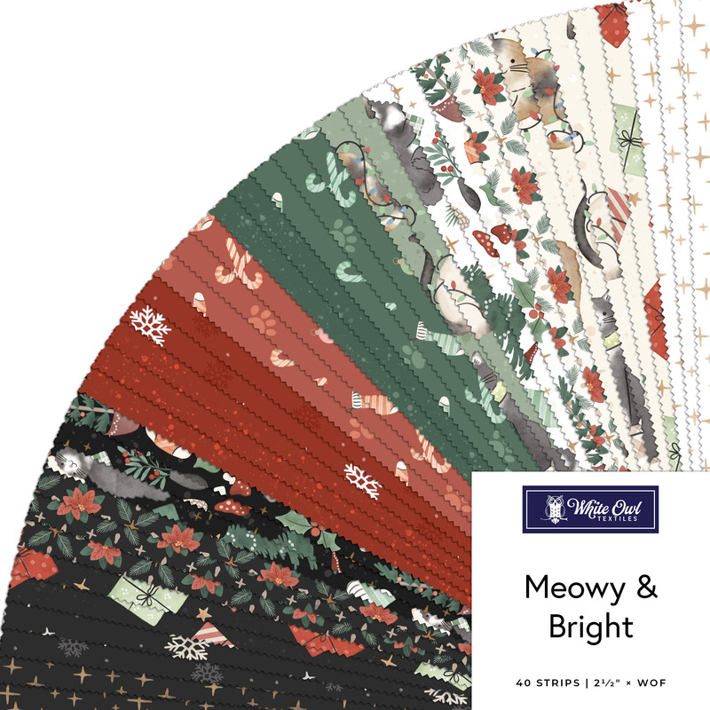 Digital collage of the 2.5" Strip Bundle from the Meowy & Bright fabric collection.