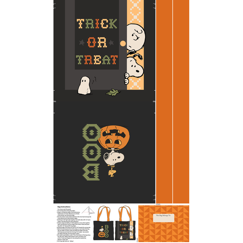 A charcoal canvas tote bag panel with snoopy, charlie brown, and woodstock among halloween motifs.