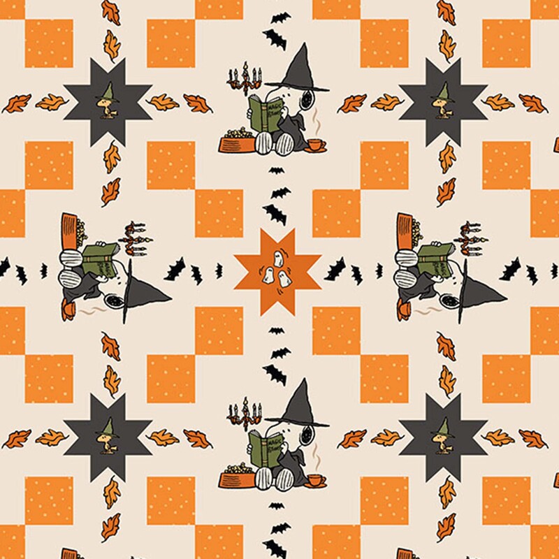 A cream cheater fabric with orange blocks and Snoopy and Woodstock in magician costumes. 