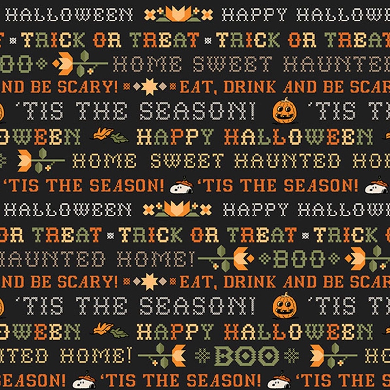 A black fabric with Halloween sayings and quilting, pumpkins, floral, and Snoopy accents.