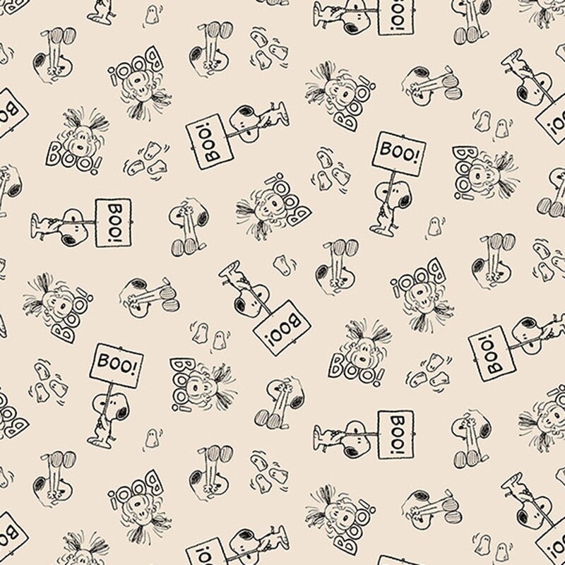 A cream fabric with tossed snoopy illustrations.