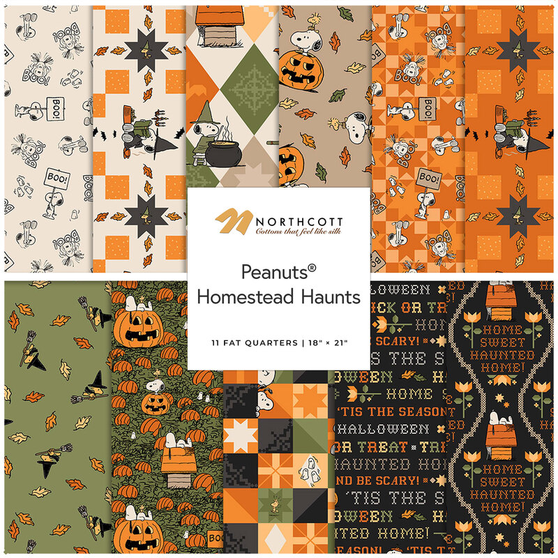 A collage of fabrics featured in the Peanuts Homestead Haunts Fat Quarter Bundle by Northcott.
