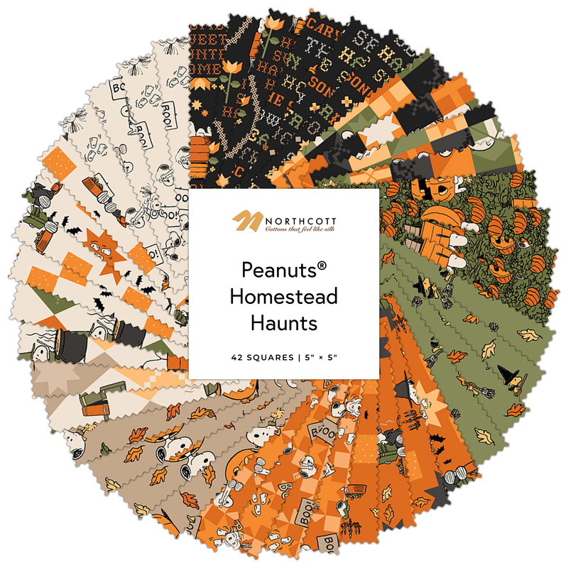 A collage of fabrics featured in the peanuts homestead haunts charm pack by Northcott.