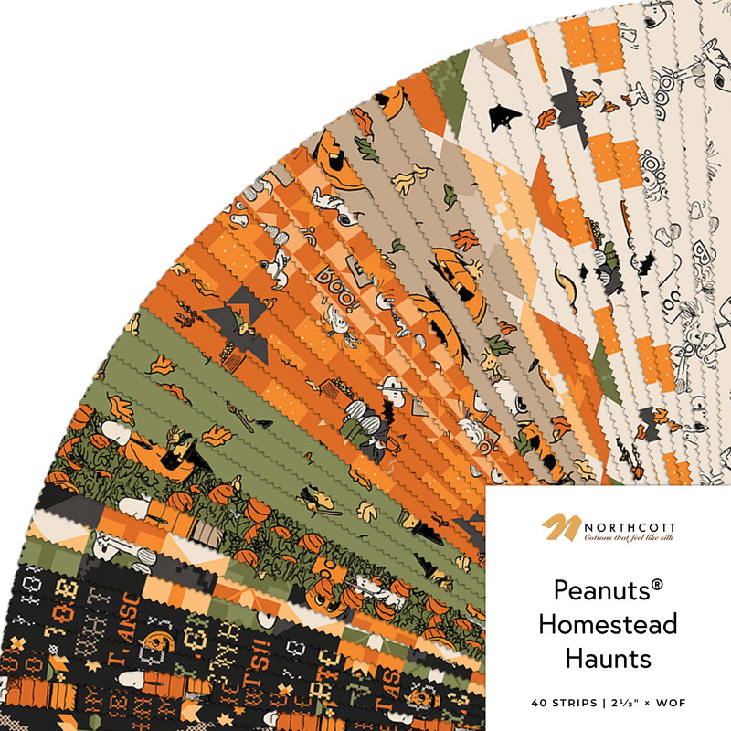 A collage of fabrics featured in the Peanuts Homestead Haunts Jelly Roll by Northcott.