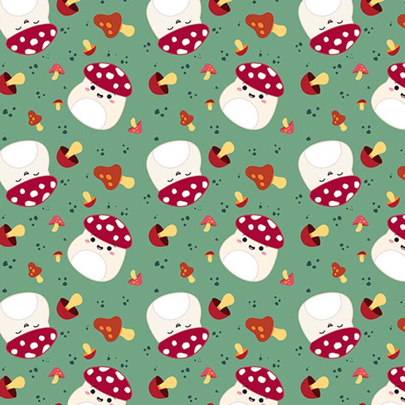 Soft green fabric with a tossed pattern of small green dots, mushrooms, and mushroom Squishmallows.