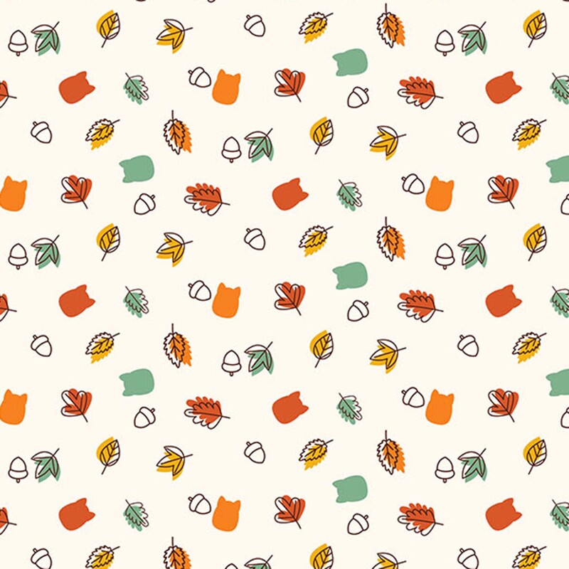 Cream fabric with a tossed design of fall leaves, acorns, and cat Squishmallow silhouettes in quaint, autumnal colors.