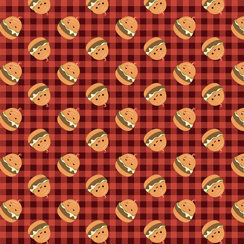 Cayenne red fabric with a dark red plaid design topped with tossed cheeseburger Squishmallows.