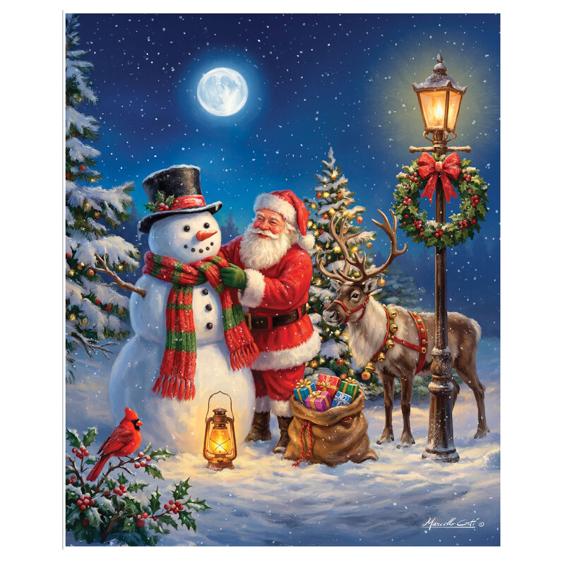 Panel with a wintry night scene of Santa with his reindeer under a street lamp, decorating a snowman with a top hat and scarf.