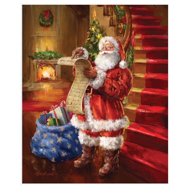 Panel of a warm, fireplace-lit scene of Santa next to his gift bag, reading his list of good kids.