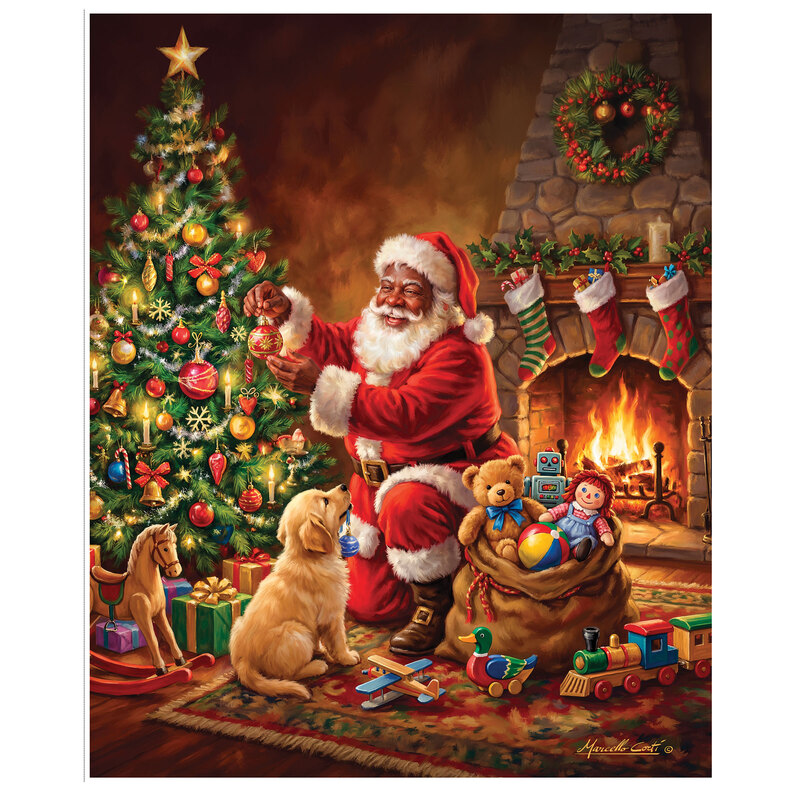 Panel of Santa dropping off presents while decorating a Christmas tree with a Golden Retriever puppy.