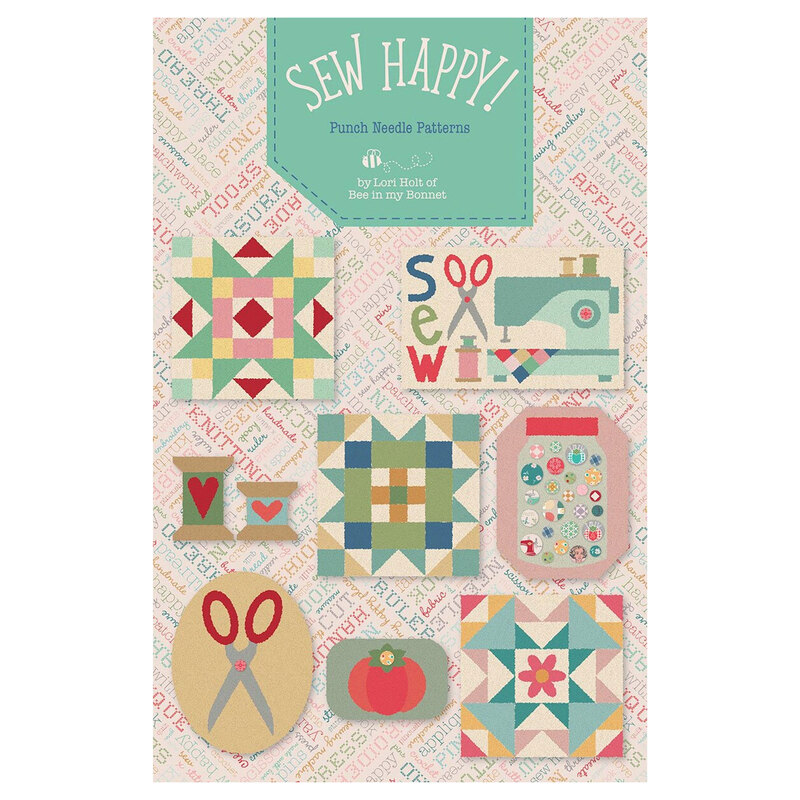 Sew Happy! Punch Needle Pattern cover featuring nine colorful sewing-themed designs including quilt blocks, a sewing machine, scissors, a tomato pincushion, and a button jar.