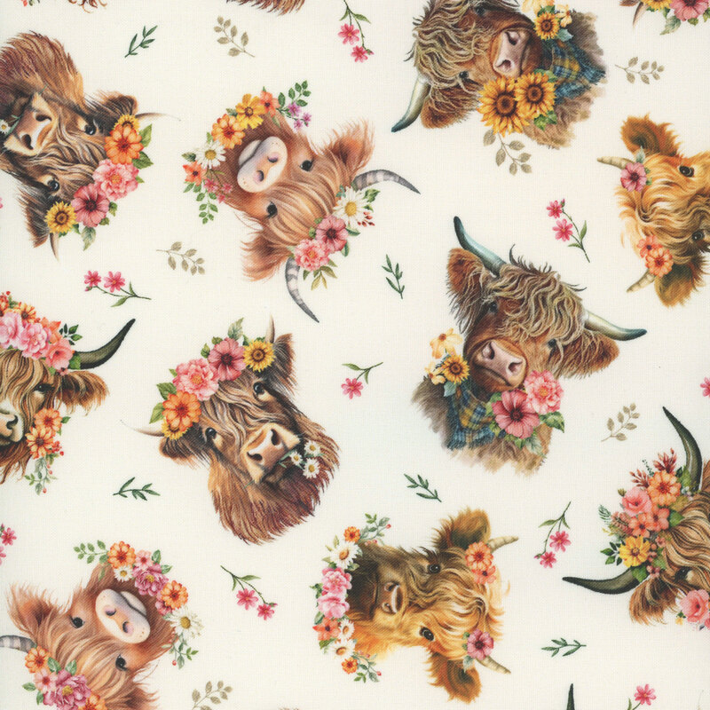 highland cows with florals and leaf sprigs scattered on a cream background
