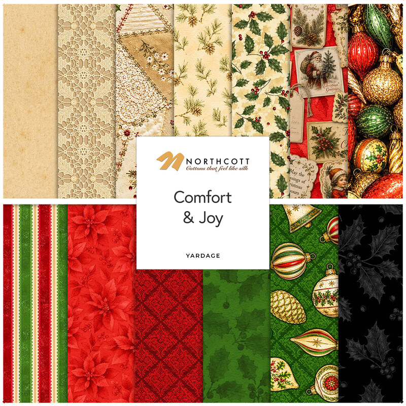 Digital collage of the available yardage products from the Comfort & Joy fabric collection.