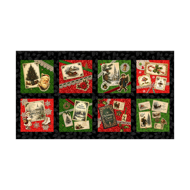 Black panel with a soft black toss of holly sprigs topped with eight blocks of Christmastime paper cutout-style motifs and doilies.