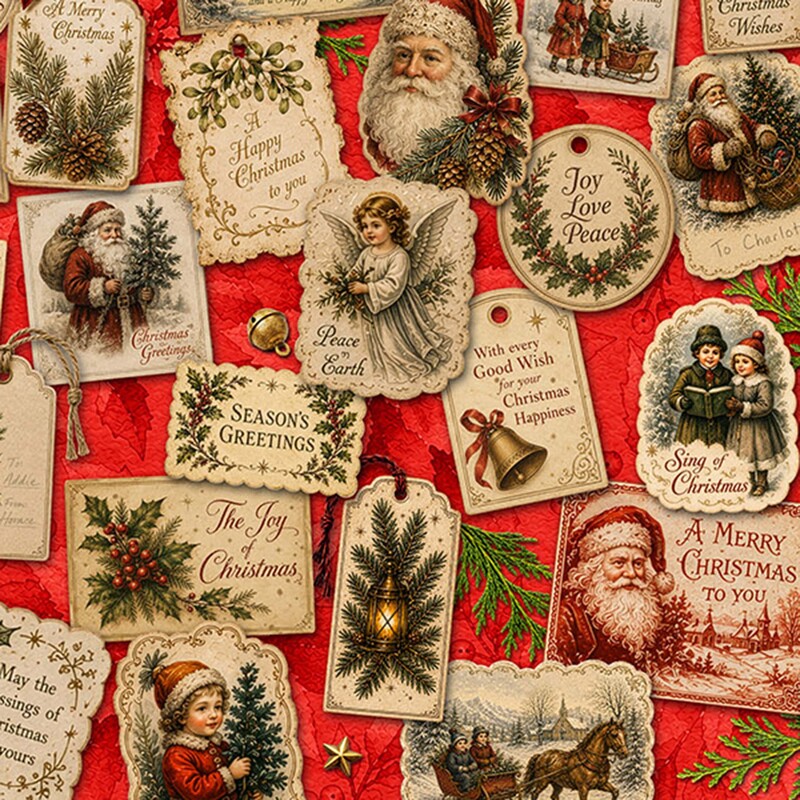Red fabric with a dense pattern of Christmas-themed tags.