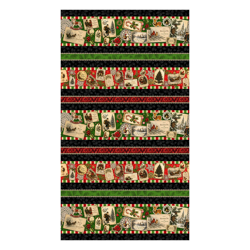 Border print fabric with rows of holly sprigs, florals, and Christmas motifs in paper cut-out style, like Santa Claus, sleighs, Christmas trees, poinsettias, and more.