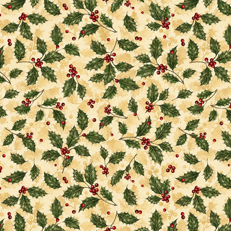 Cream fabric with a tossed pattern of holly leaves.