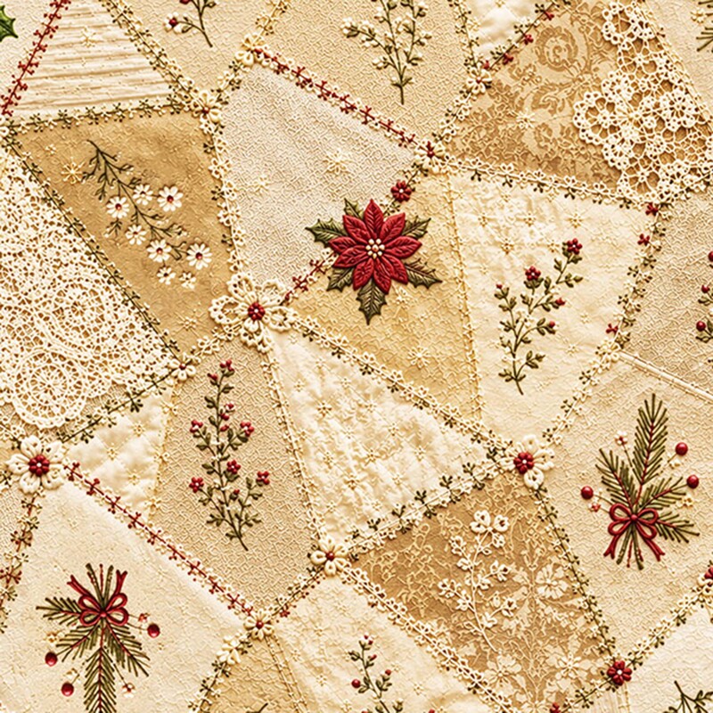 Cheater-style patchwork cream fabric with Christmas floral motifs.