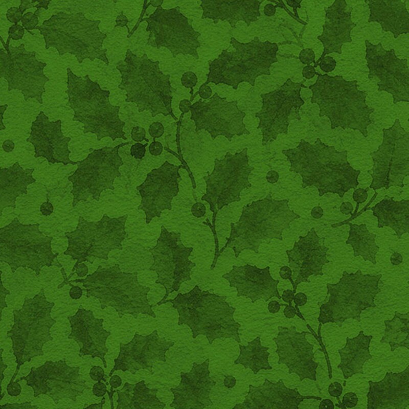 Green fabric with a tonal pattern of holly leaves.