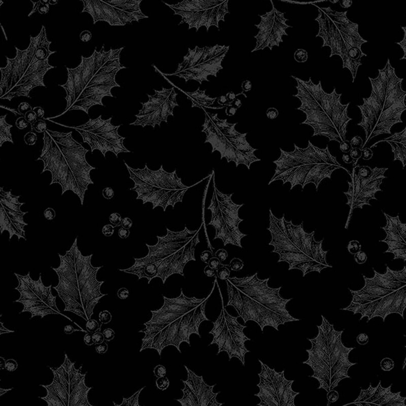Black fabric with a tossed pattern of tonal holly leaves.