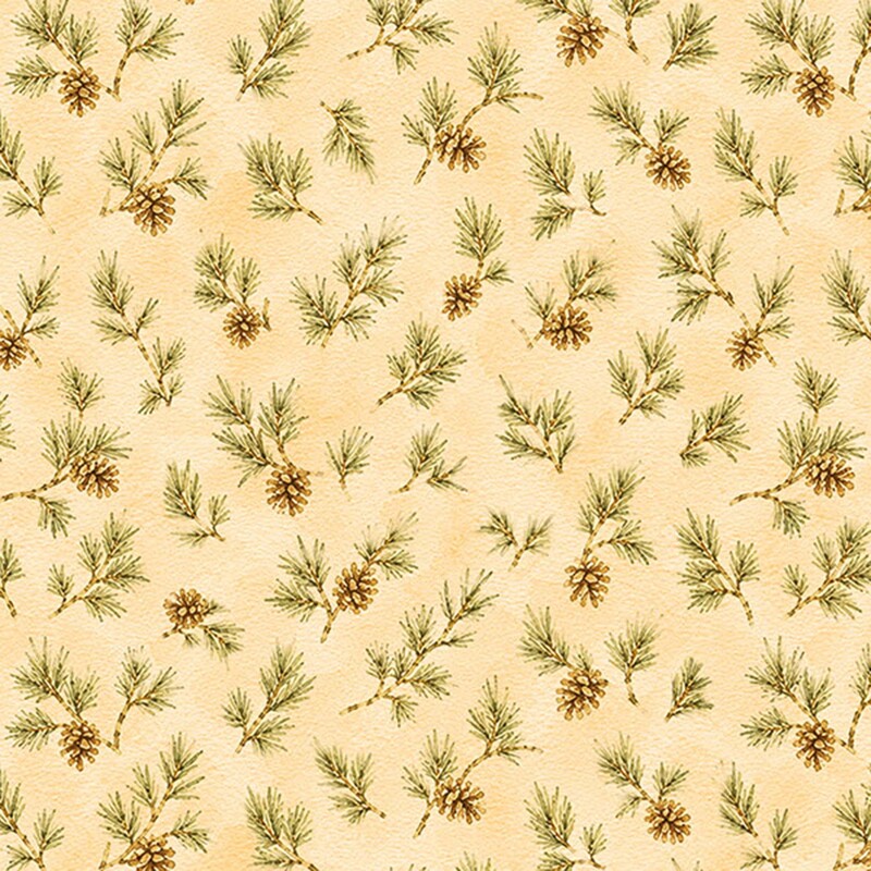 Mottled cream fabric with a tossed pattern of pine branches and pine cones.