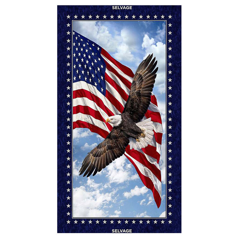 Patriotic panel fabric featuring a soaring eagle in front of a waving American flag set against a cloud-filled sky, framed by a deep navy border accented with white stars.