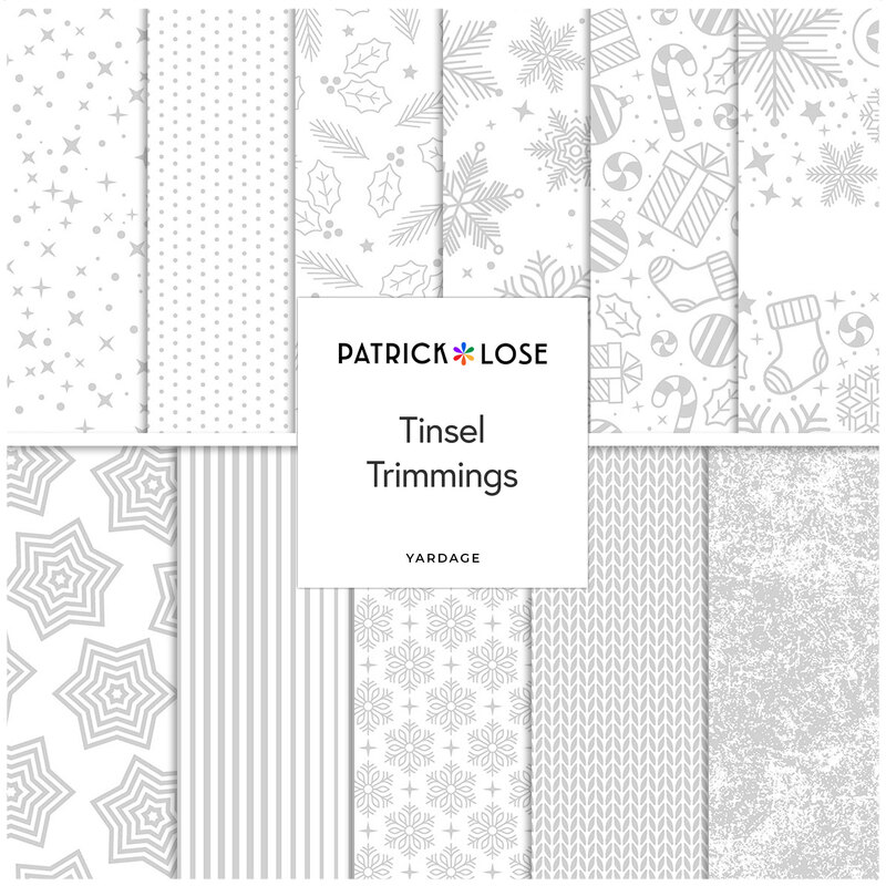 A collage of fabrics featured in the Tinsel Trimmings Collection by Patrick Lose for Northcott Fabrics