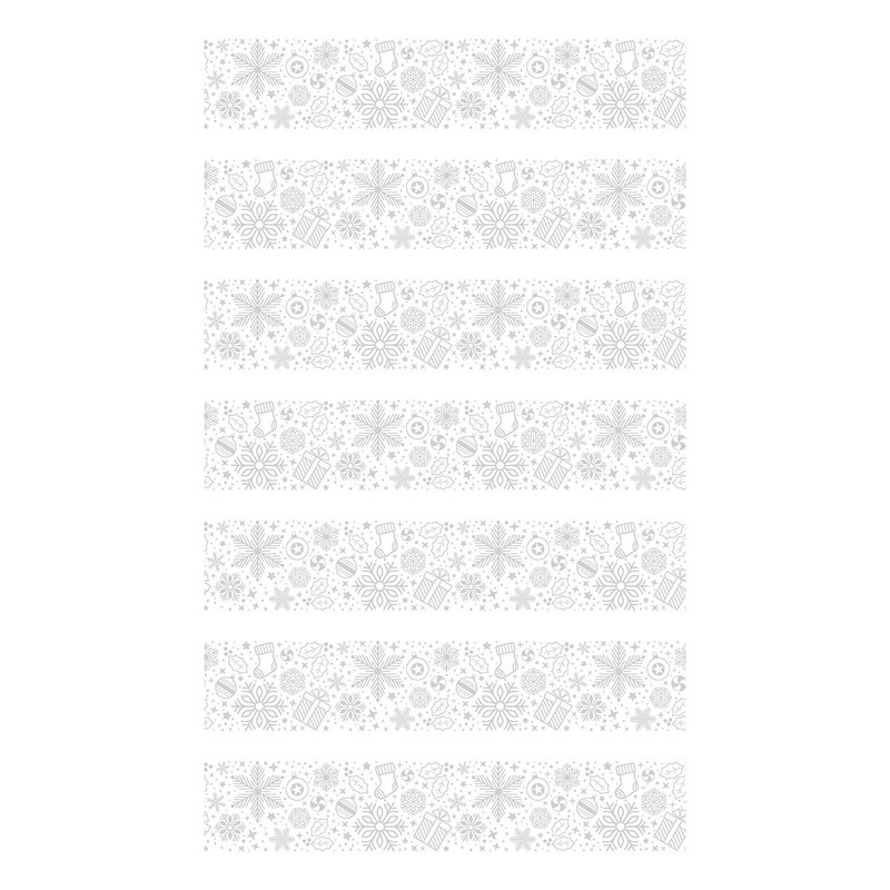 White border print fabric with stripes of silver metallic Christmas motifs like stockings, snowflakes, stars, holly leaves, ornaments, and pinwheels.