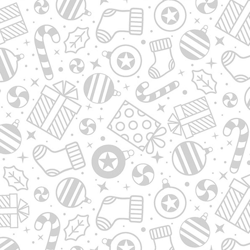 White fabric topped with a medley of silver metallic Christmas motifs like candy canes, presents, pinewheels, ornaments, and more.