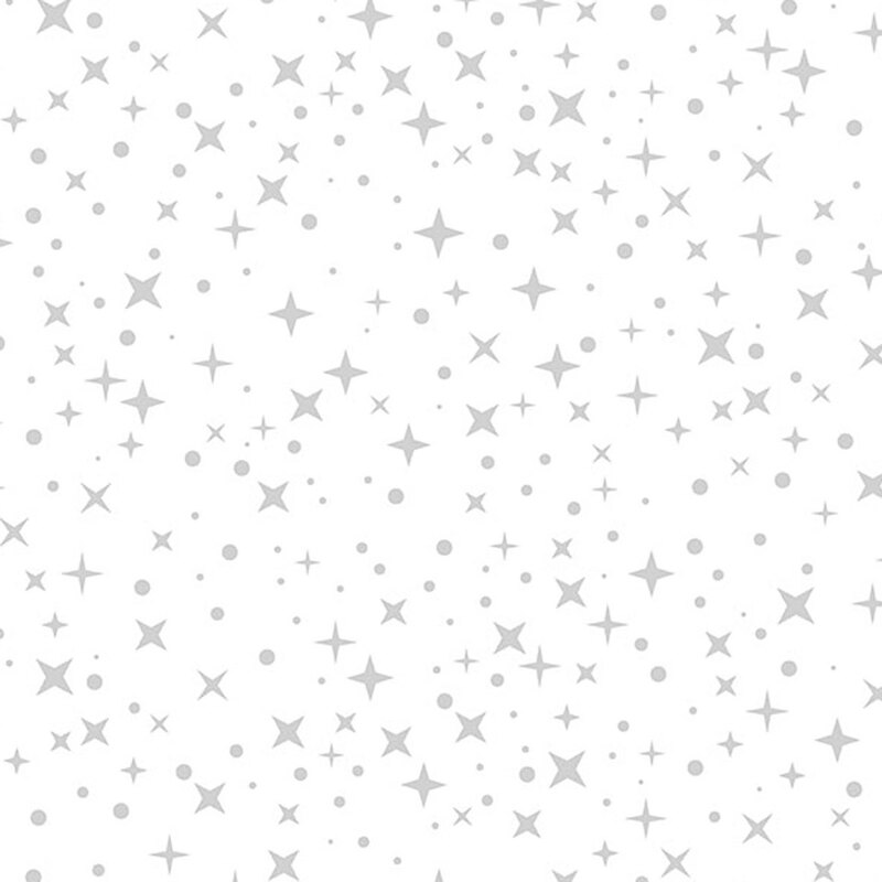 White fabric with a scattered pattern of silver metallic stars and dots.