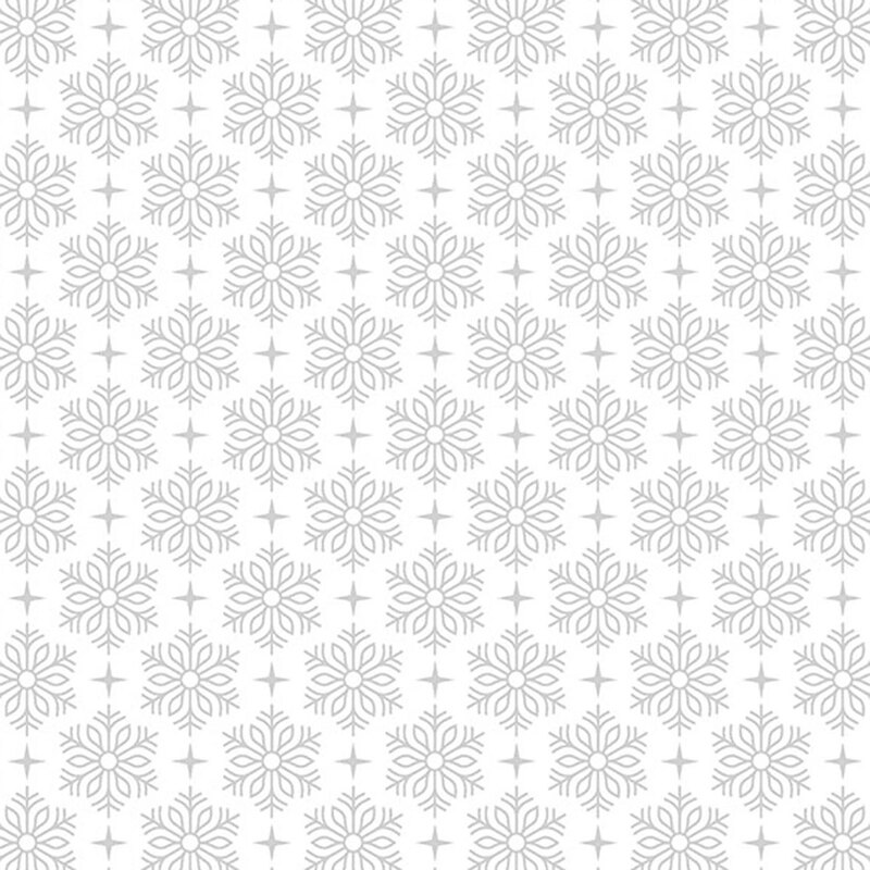 White fabric with a staggered grid of silver metallic snowflakes and stars.
