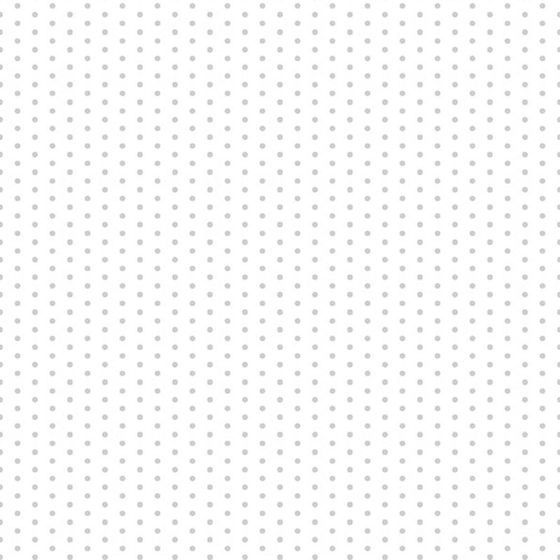 White fabric with a staggered grid of small silver metallic pin dots.