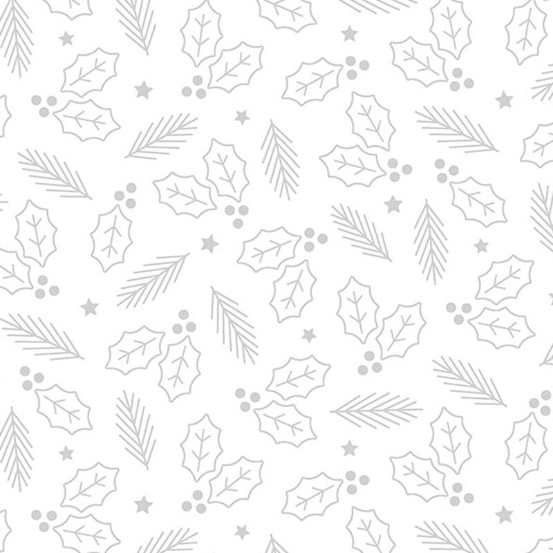 White fabric with a tossed design of silver metallic holly sprigs, stars, and pine boughs.
