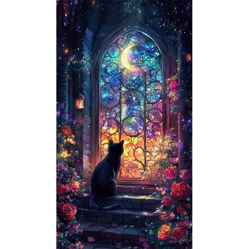 Panel fabric featuring a black cat surrounded by colorful roses, staring out a at the moon thru a stained glass window