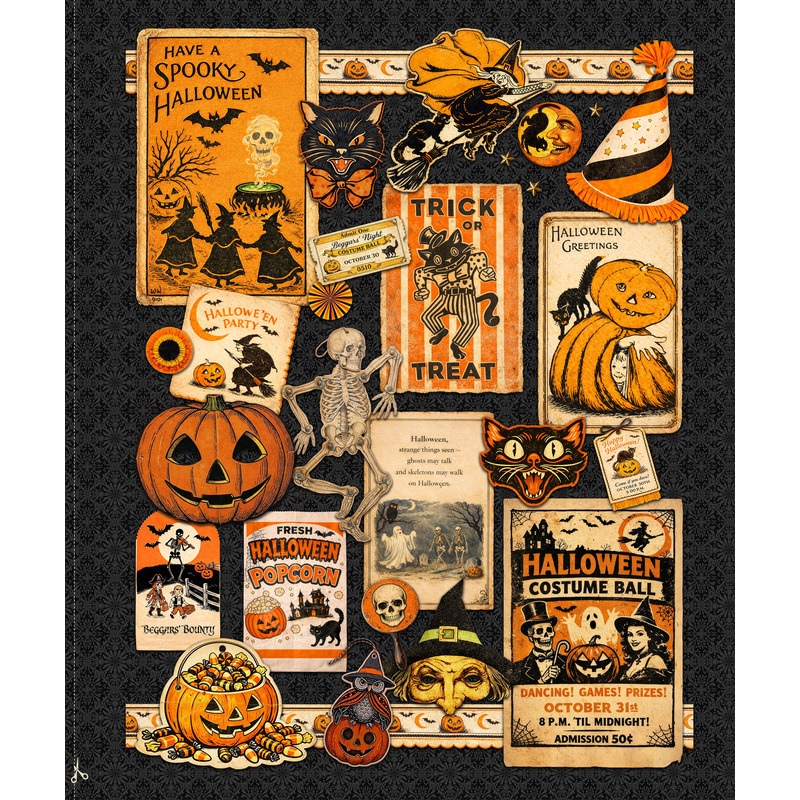 Vintage Halloween collage panel featuring cards, pumpkins, skeletons, black cats, and spooky decorations.