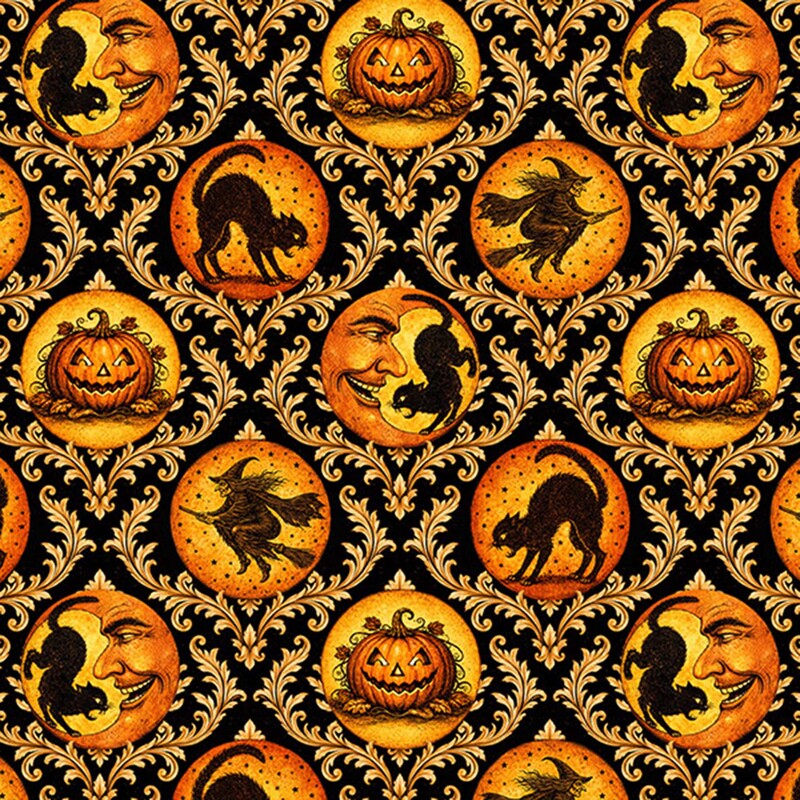 Black fabric with yellow moons, twisting filigree, and Halloween motifs.