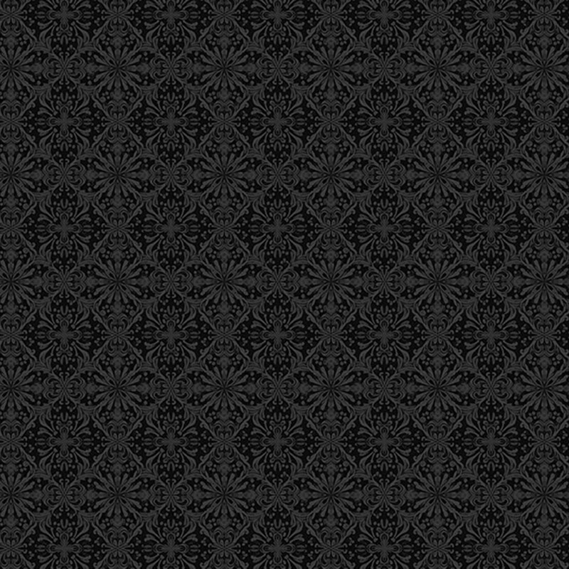 Dark gray floral damask tile on a black background.