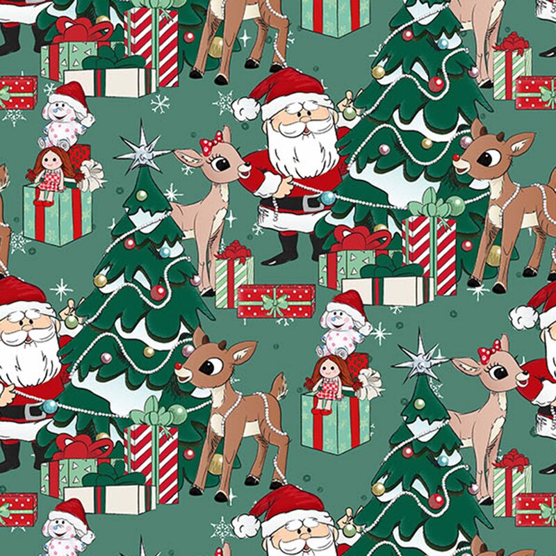 Rudolph the Red-Nosed Reindeer® RD1011-74 Green Santa Scene by Northcott Fabrics