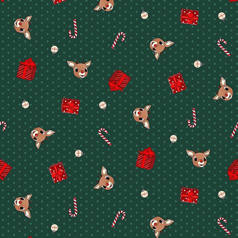 Rudolph the Red-Nosed Reindeer® RD1017-77 Dk Green Presents by Northcott Fabrics