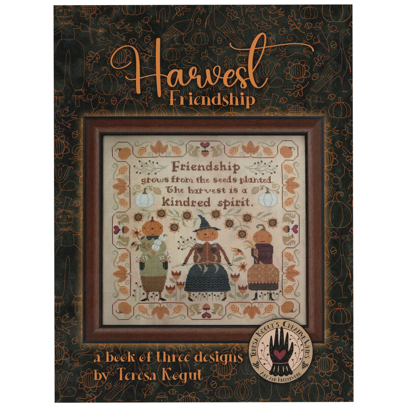 Front cover of the Harvest Friendship booklet by Teresa Kogut, with the completed Harvest Friends Pattern in a picture frame.