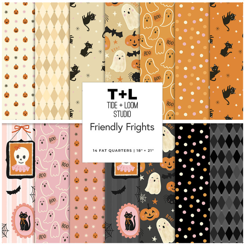 Digital collage of the Fat Quarter Bundle from the Friendly Frights fabric collection.