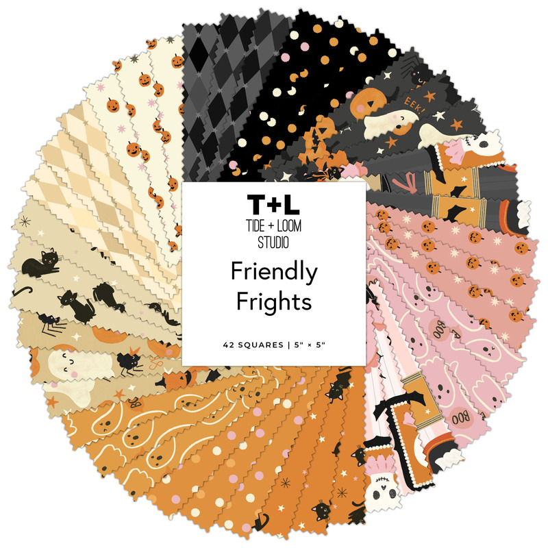 Digital collage of the 5" Square Bundle from the Friendly Frights fabric collection.