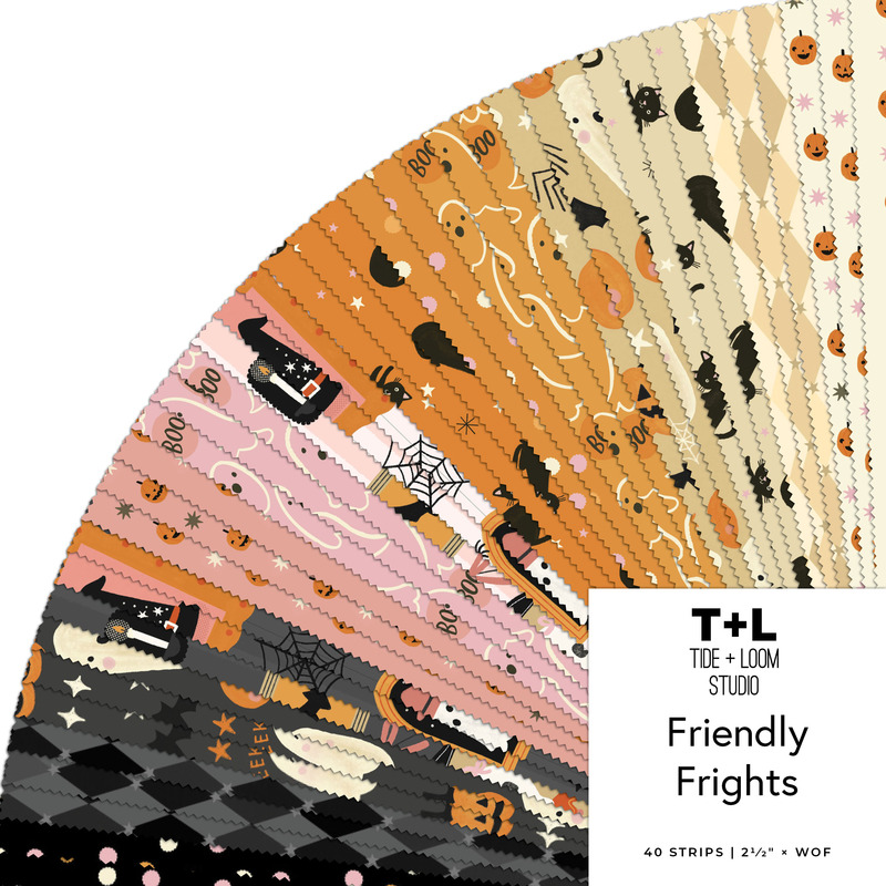 Digital collage of the 2.5" Strip Roll Bundle from the Friendly Frights fabric collection.