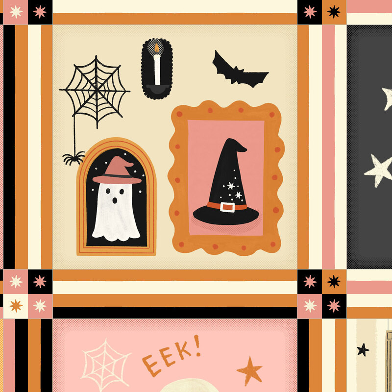 Panel fabric with blocks of Halloween motifs like ghosts, pumpkins, bats, spiders, and more.